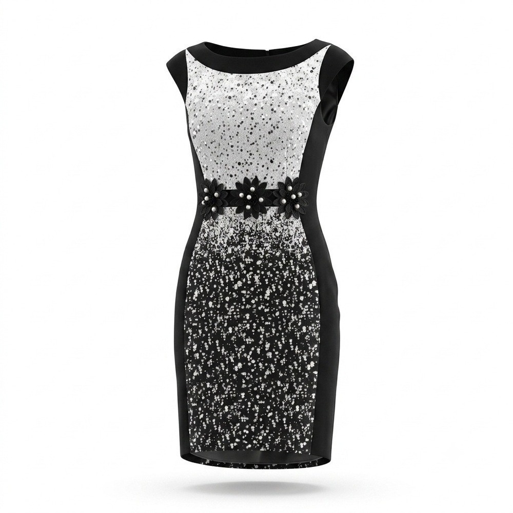 Joseph Ribkoff Black White Lace Floral Print Belted Sheath Cocktail Dress Size 4